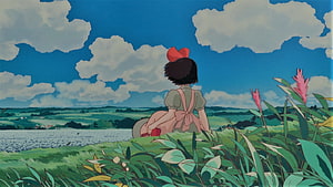 Kiki's Delivery Service Anime Scene of Kiki Sitting on a Hilltop Overlooking a Lake and Rolling Green Hills HD wallpaper