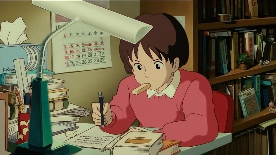 Whisper of the Heart Anime Girl Studying at Desk with Books and Lamp HD wallpaper