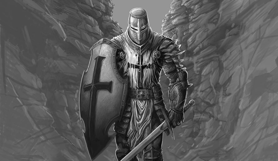 Medieval Knight in Full Armor Holding Sword and Shield in Rocky Canyon HD wallpaper