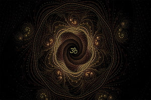 Golden Om Symbol in a Dark Fractal Spiral Tunnel HD wallpaper