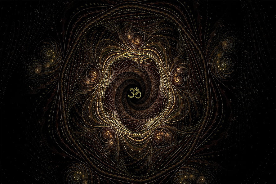 Golden Om Symbol in a Dark Fractal Spiral Tunnel HD wallpaper