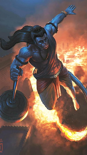 Hanuman Flying Through Flames With Golden Mace Fantasy Art, Hanuman, anjaneya HD phone wallpaper