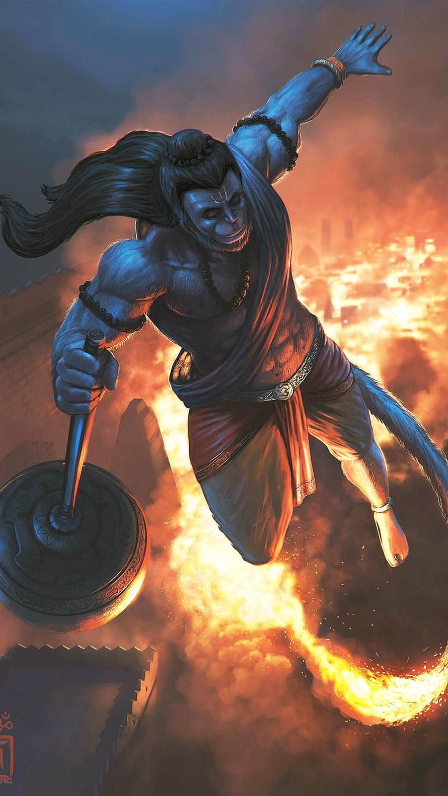 Hanuman Flying Through Flames With Golden Mace Fantasy Art, Hanuman, anjaneya HD phone wallpaper