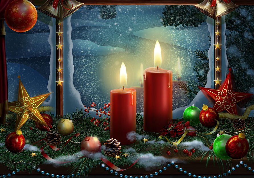 Cozy Christmas Window Scene With Red Candles, Pine Branches, and Festive Ornaments HD wallpaper
