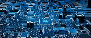 Glowing Blue Microchip on a Complex Printed Circuit Board with Luminous Traces and Electronic Components HD wallpaper