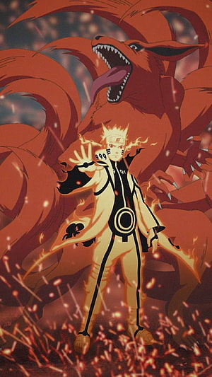 Naruto Uzumaki in Baryon Mode with Kurama Nine-Tails Fox Anime Wallpaper HD phone wallpaper