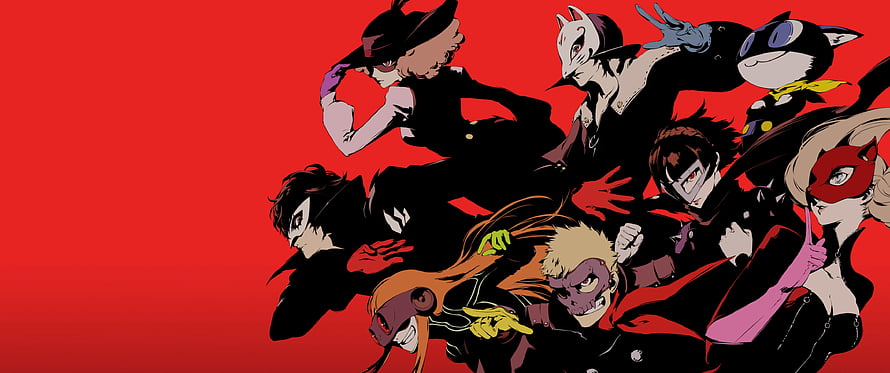 Persona 5 Phantom Thieves Group Artwork on Bold Red Background HD wallpaper