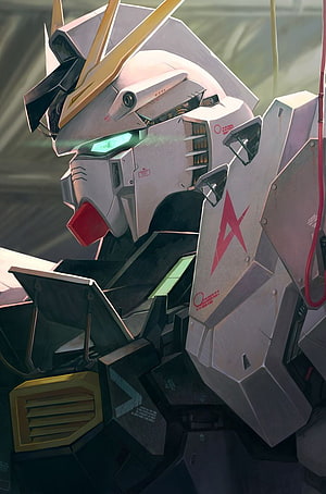 Nu Gundam Head Close-Up with Glowing Green Eyes and Gold V-Fin Antenna HD phone wallpaper