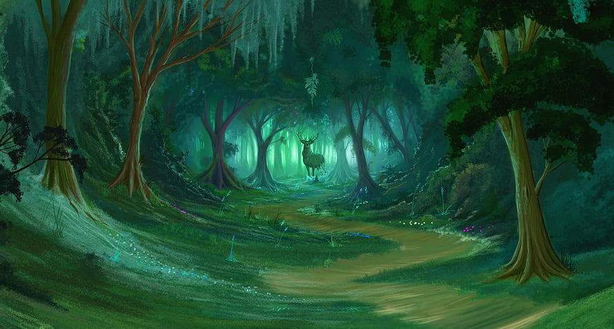 Mystical Enchanted Forest Path with Glowing Deer and Bioluminescent Flora HD wallpaper