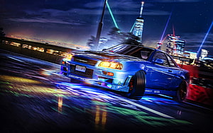 Blue Nissan Skyline GT-R R34 drifting on a wet city highway at night with neon lights HD wallpaper