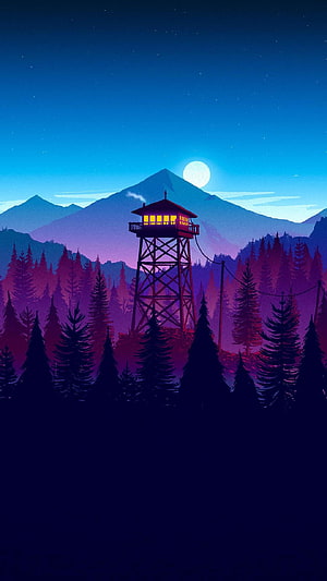 Firewatch Fire Tower at Night with Full Moon and Pine Forest HD phone wallpaper