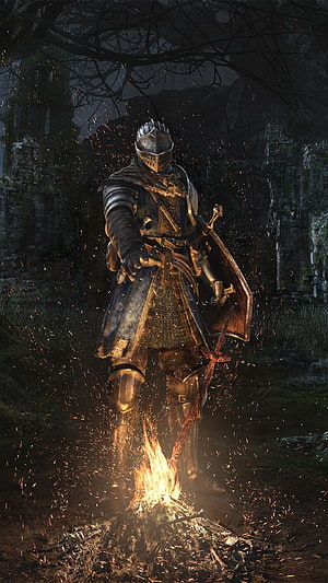 Dark Souls Knight Standing by Bonfire in Dark Ruins HD phone wallpaper