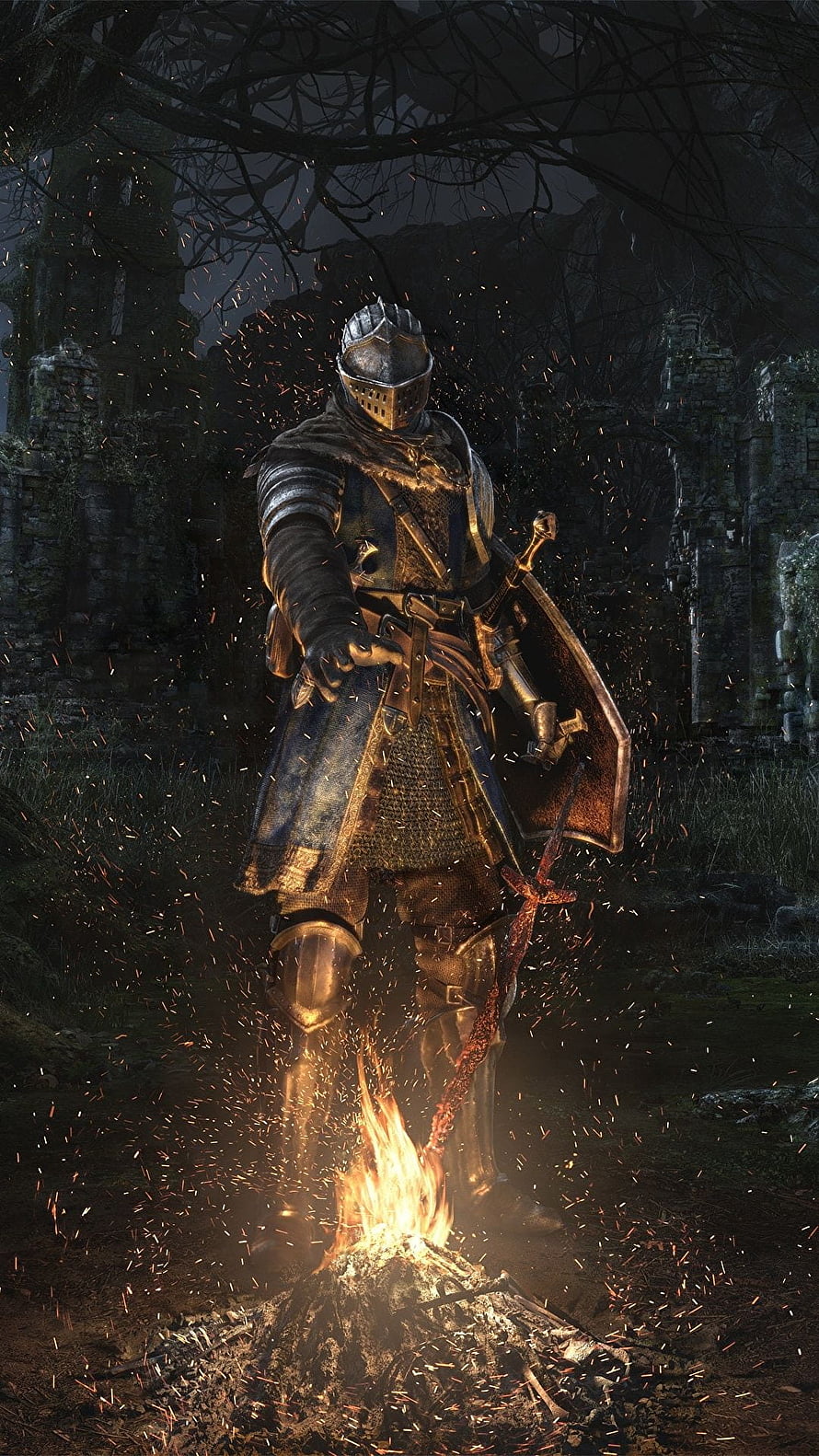 Dark Souls Knight Standing by Bonfire in Dark Ruins HD phone wallpaper
