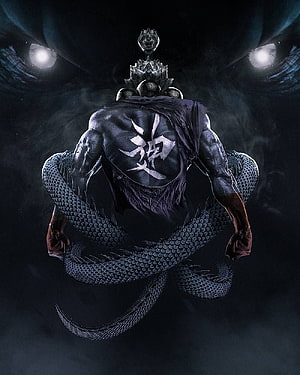 Shin Akuma from Street Fighter in a Meditative Pose with Dragon Serpent and Kanji Tattoo HD phone wallpaper