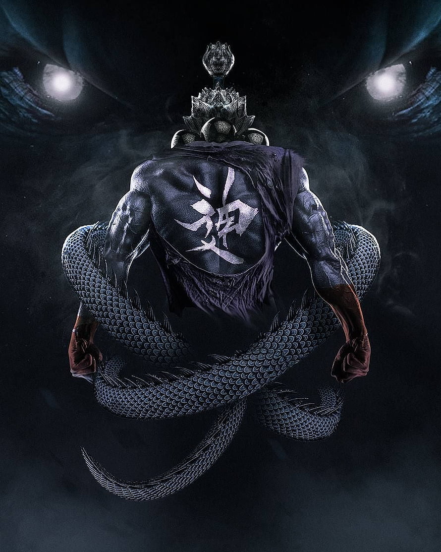 Shin Akuma from Street Fighter in a Meditative Pose with Dragon Serpent and Kanji Tattoo HD phone wallpaper