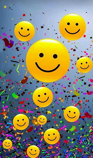 Festive Yellow Smiley Face Balloons with Colorful Confetti on Blue Background HD phone wallpaper