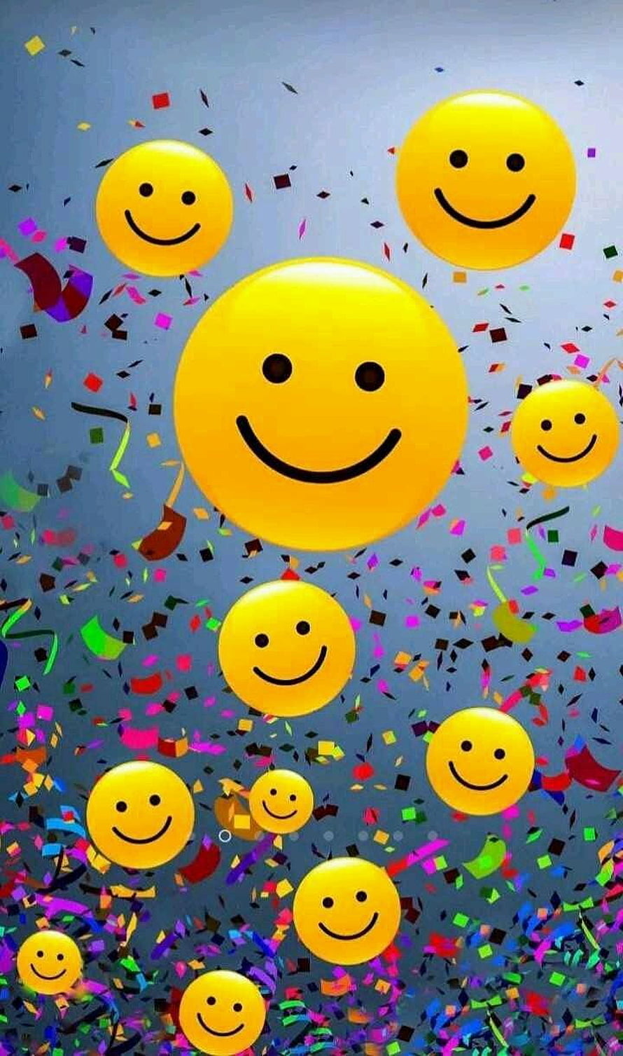 Festive Yellow Smiley Face Balloons with Colorful Confetti on Blue Background HD phone wallpaper