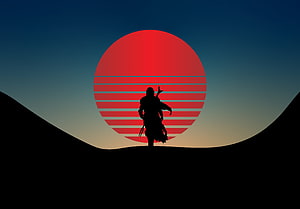The Mandalorian Silhouette Against Retro Sunset in Star Wars Desert Landscape HD wallpaper