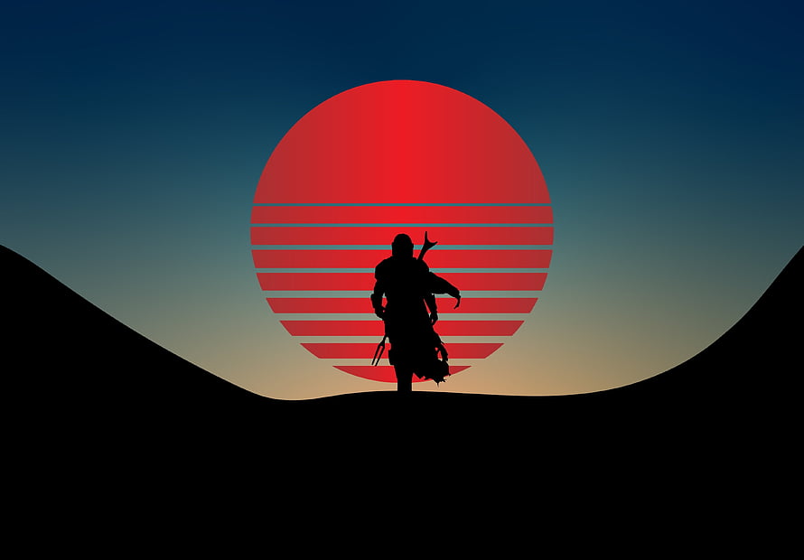 The Mandalorian Silhouette Against Retro Sunset in Star Wars Desert Landscape HD wallpaper