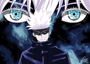 Gojo Satoru Jujutsu Kaisen Anime Character with Blue Eyes and Dark Smoke Background HD wallpaper