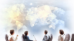Business Team Meeting with Global Network Map and Cloud Connectivity HD wallpaper