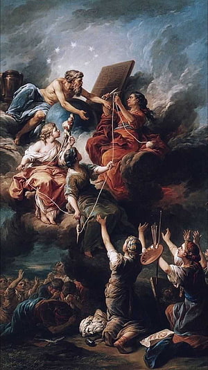 Baroque allegory of the arts with figures on clouds and a celestial book HD phone wallpaper
