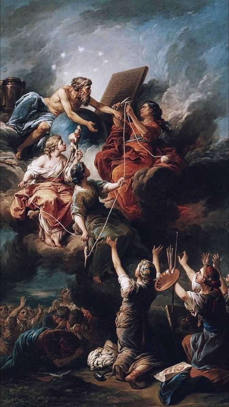 Baroque allegory of the arts with figures on clouds and a celestial book HD phone wallpaper