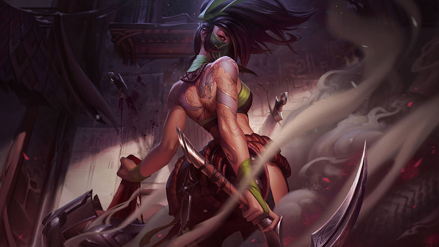 Akali from League of Legends in a dynamic combat pose wielding dual blades with swirling smoke and dark fantasy setting HD wallpaper