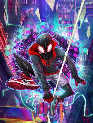 Miles Morales Spider-Man in Neon Cyberpunk Cityscape with Glitch Effects and Web Swing, Spider-verse, Miles Morale, movie, fan art HD phone wallpaper