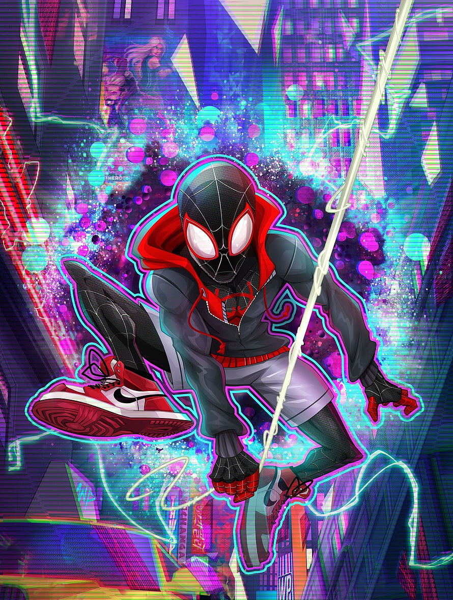 Miles Morales Spider-Man in Neon Cyberpunk Cityscape with Glitch Effects and Web Swing, Spider-verse, Miles Morale, movie, fan art HD phone wallpaper