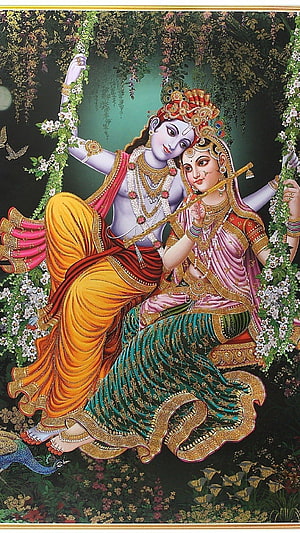 Radha Krishna Playing Flute in a Lush Floral Garden with Peacock HD phone wallpaper