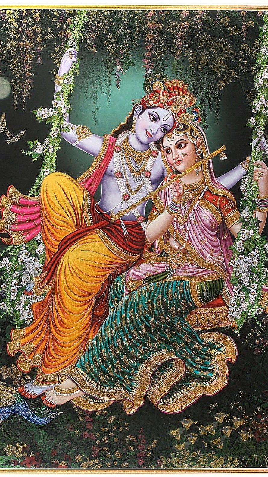 Radha Krishna Playing Flute in a Lush Floral Garden with Peacock HD phone wallpaper