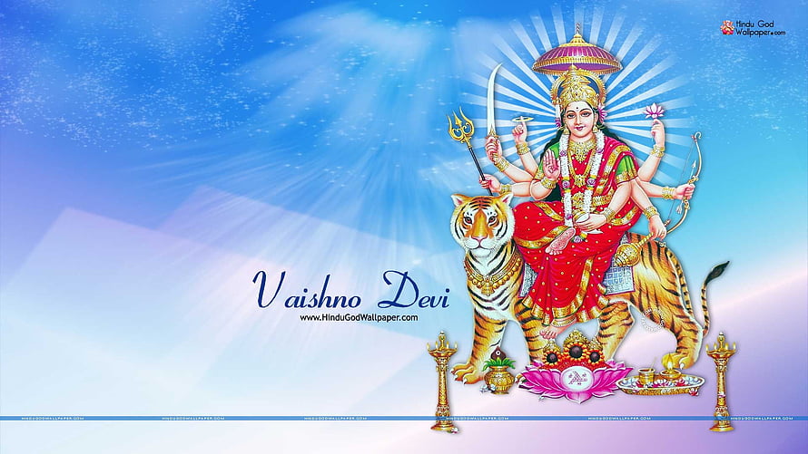 Vaishno Devi Hindu Goddess Sitting on Tiger with Weapons and Divine Aura HD wallpaper