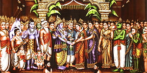 Vibrant Hindu Mythology Painting Depicting Divine Wedding Ceremony with Shiva and Parvati HD wallpaper