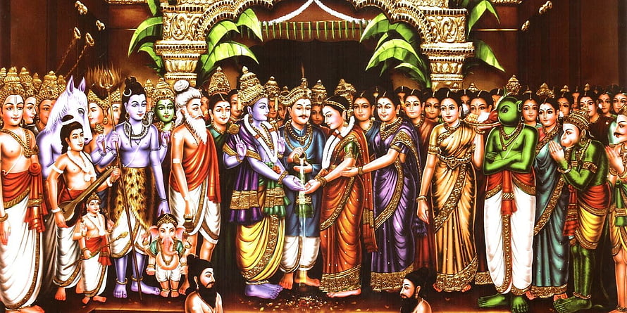 Vibrant Hindu Mythology Painting Depicting Divine Wedding Ceremony with Shiva and Parvati HD wallpaper