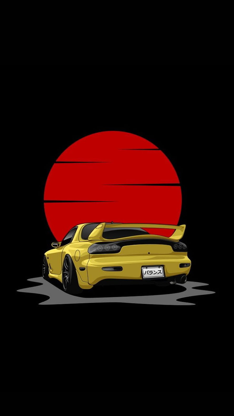Yellow Mazda RX-7 FD3S Vector Art with Red Sun Background HD phone wallpaper