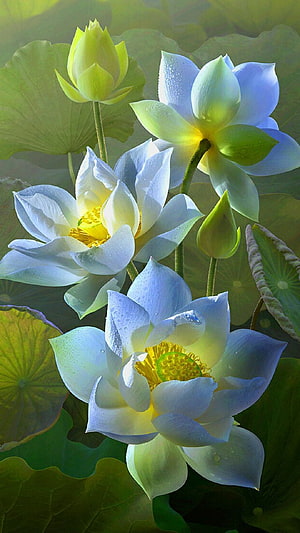 Blue Lotus Flowers with Dew Drops and Green Pads in Soft Morning Light HD phone wallpaper