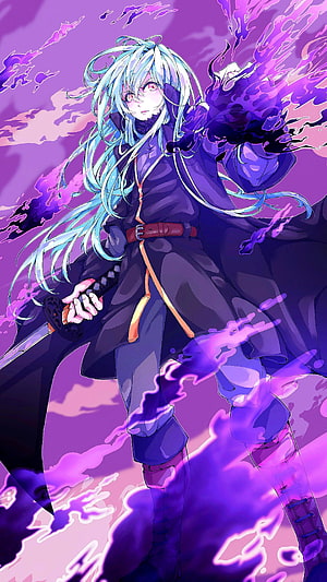 Anime Girl With Blue Hair Wielding Sword And Purple Magic Energy HD phone wallpaper