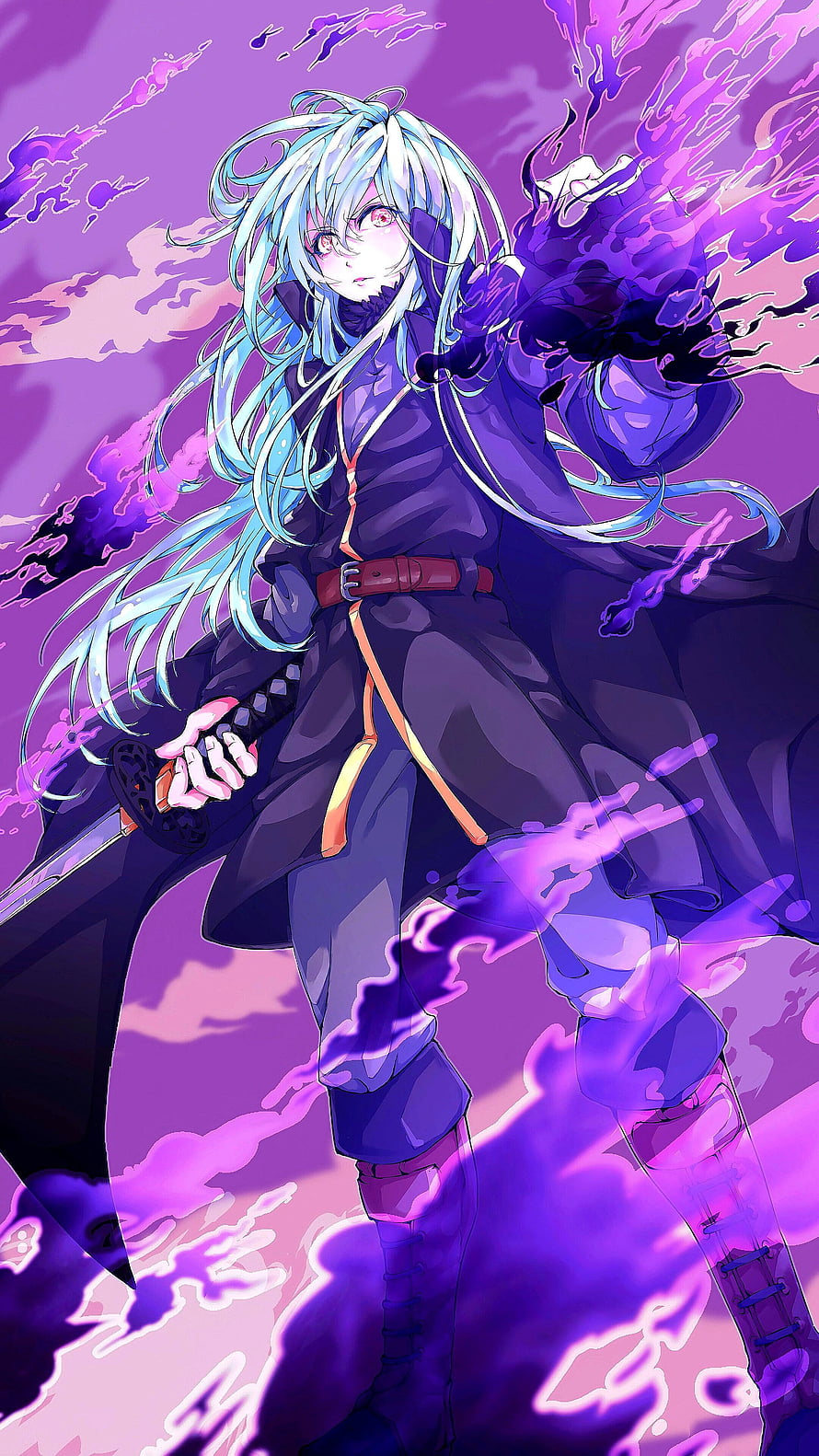 Anime Girl With Blue Hair Wielding Sword And Purple Magic Energy HD phone wallpaper