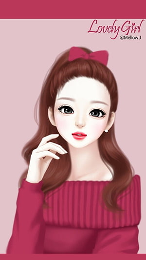 Lovely Girl Digital Art Portrait of a Cute Anime Style Woman with Brown Hair and Pink Sweater, Beauty Cute Cartoon Girl, Korean Anime Girl HD phone wallpaper