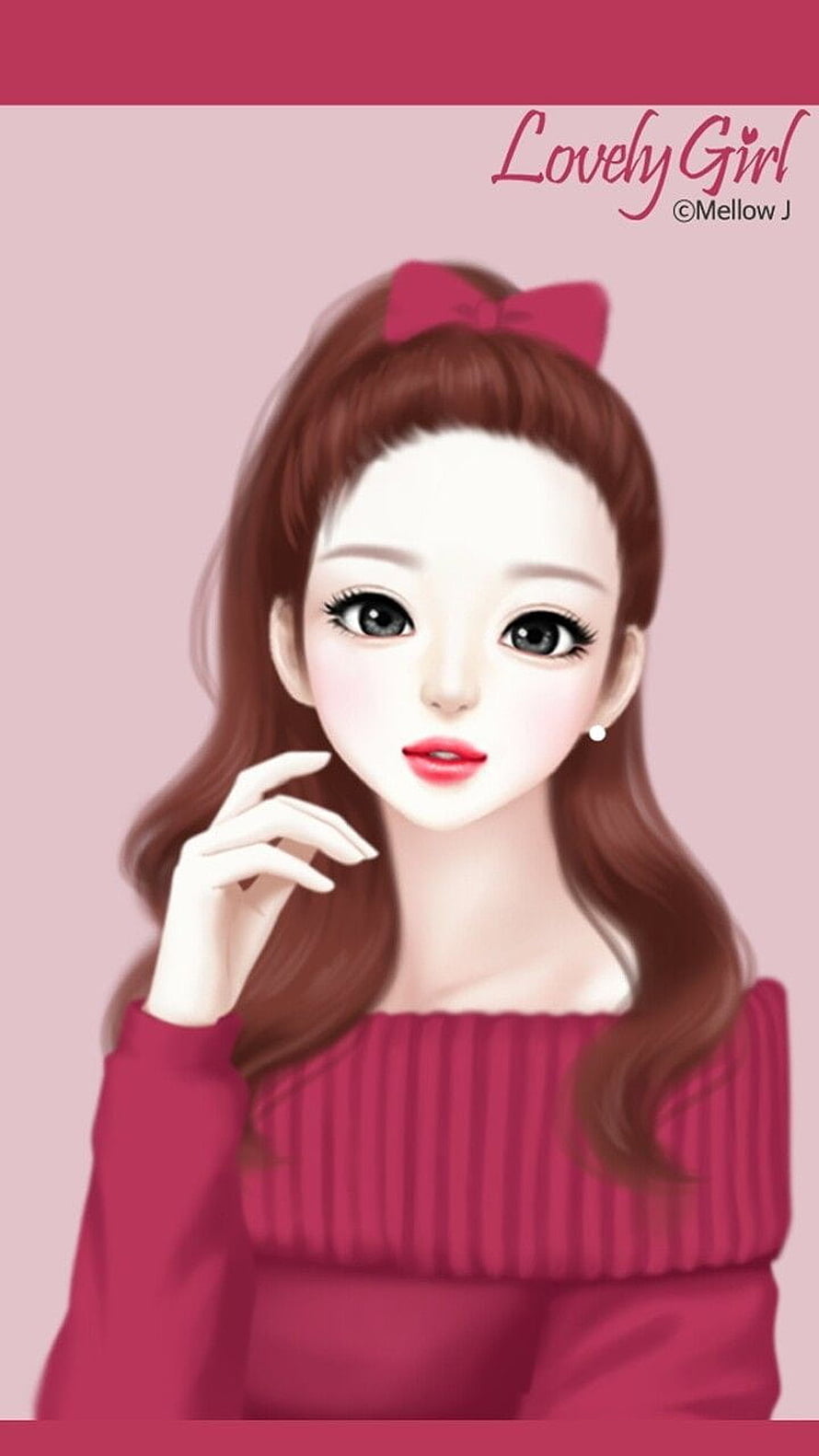 Lovely Girl Digital Art Portrait of a Cute Anime Style Woman with Brown Hair and Pink Sweater, Beauty Cute Cartoon Girl, Korean Anime Girl HD phone wallpaper
