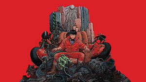 Akira Character Seated on Mechanical Throne with Cyberpunk Cityscape Background HD wallpaper