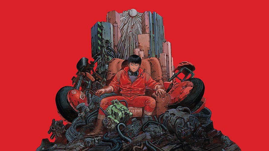 Akira Character Seated on Mechanical Throne with Cyberpunk Cityscape Background HD wallpaper