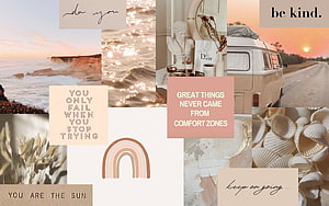 Aesthetic Boho Motivational Collage with Sunset Ocean, Vintage Van, and Inspirational Quotes HD wallpaper