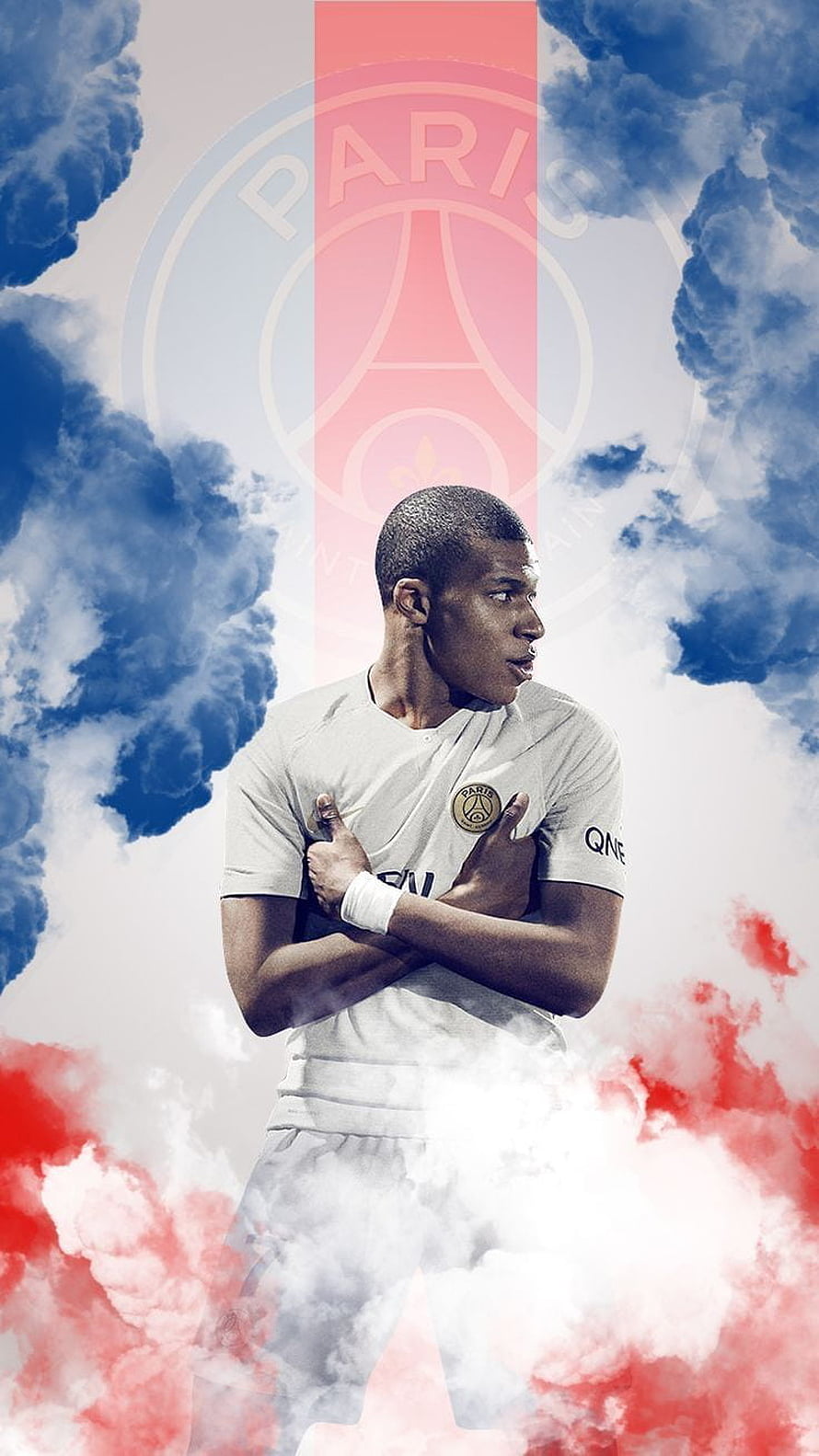 Kylian Mbappé in Paris Saint-Germain Kit with Dramatic Clouds and Smoke HD phone wallpaper