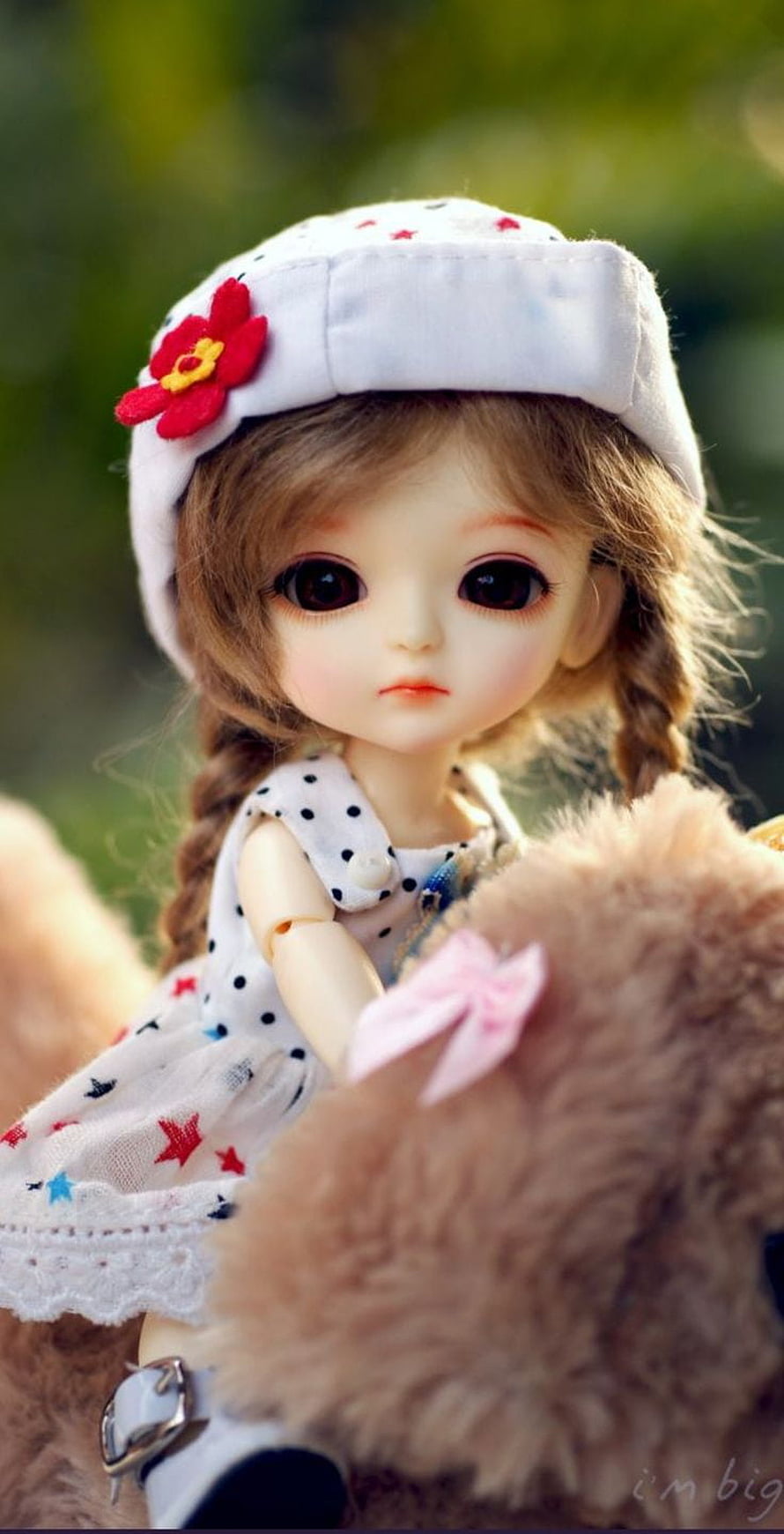 Adorable BJD Doll in White Beret with Red Flower and Polka Dot Dress HD phone wallpaper