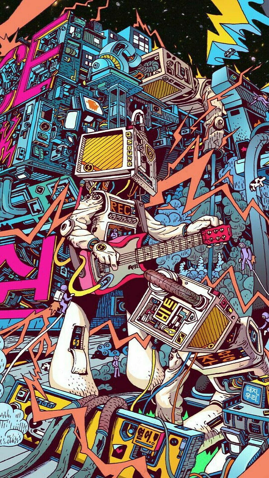 Cyberpunk Robot Playing Electric Guitar in Neon Cityscape Illustration HD phone wallpaper