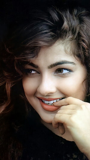 Portrait of a smiling woman with dark wavy hair and red lipstick biting her finger, Mamata Kulkarni, bollywood actress, model, vintage HD phone wallpaper