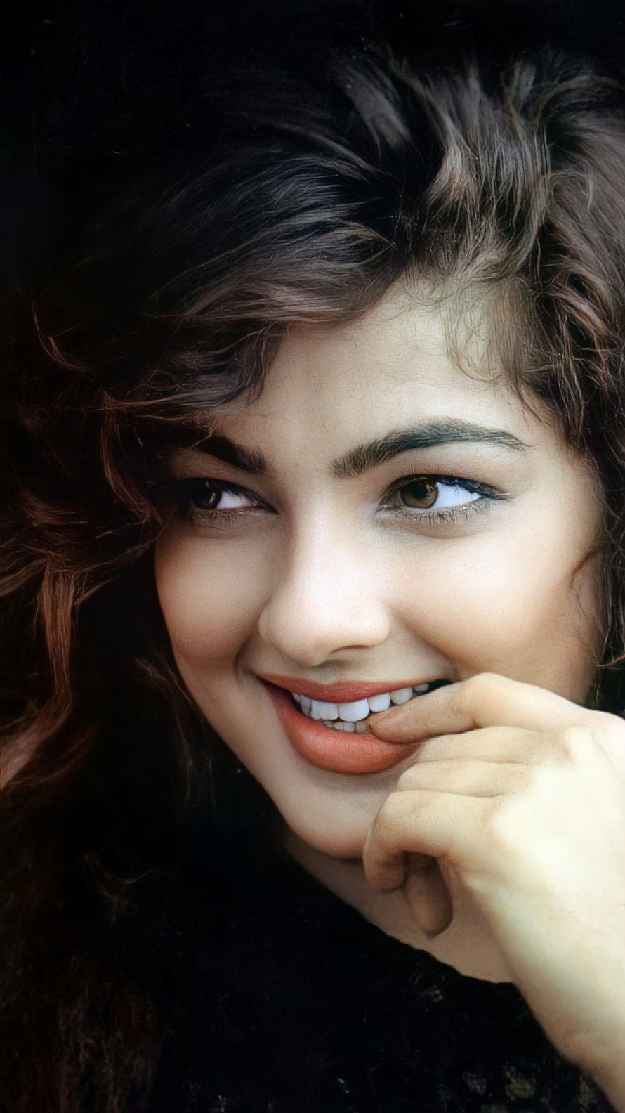 Portrait of a smiling woman with dark wavy hair and red lipstick biting her finger, Mamata Kulkarni, bollywood actress, model, vintage HD phone wallpaper