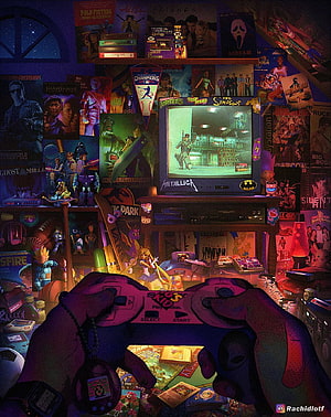 Nostalgic 90s Gaming Room With PlayStation Controller And Movie Posters HD phone wallpaper